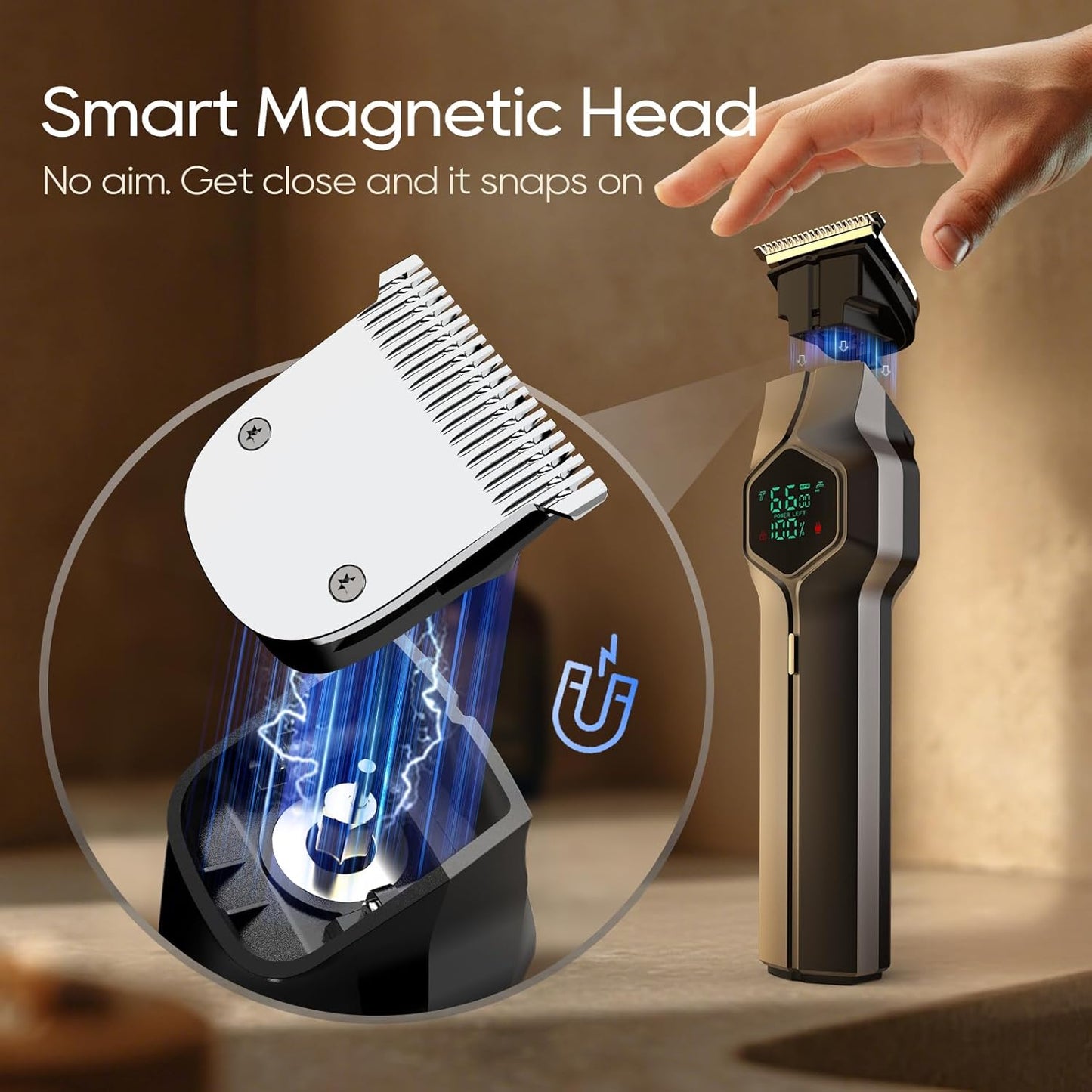 Skiennix Beard Trimmer - IPX7 Waterproof Cordless Hair Clippers with Magnetic Snap-On Heads | Gray