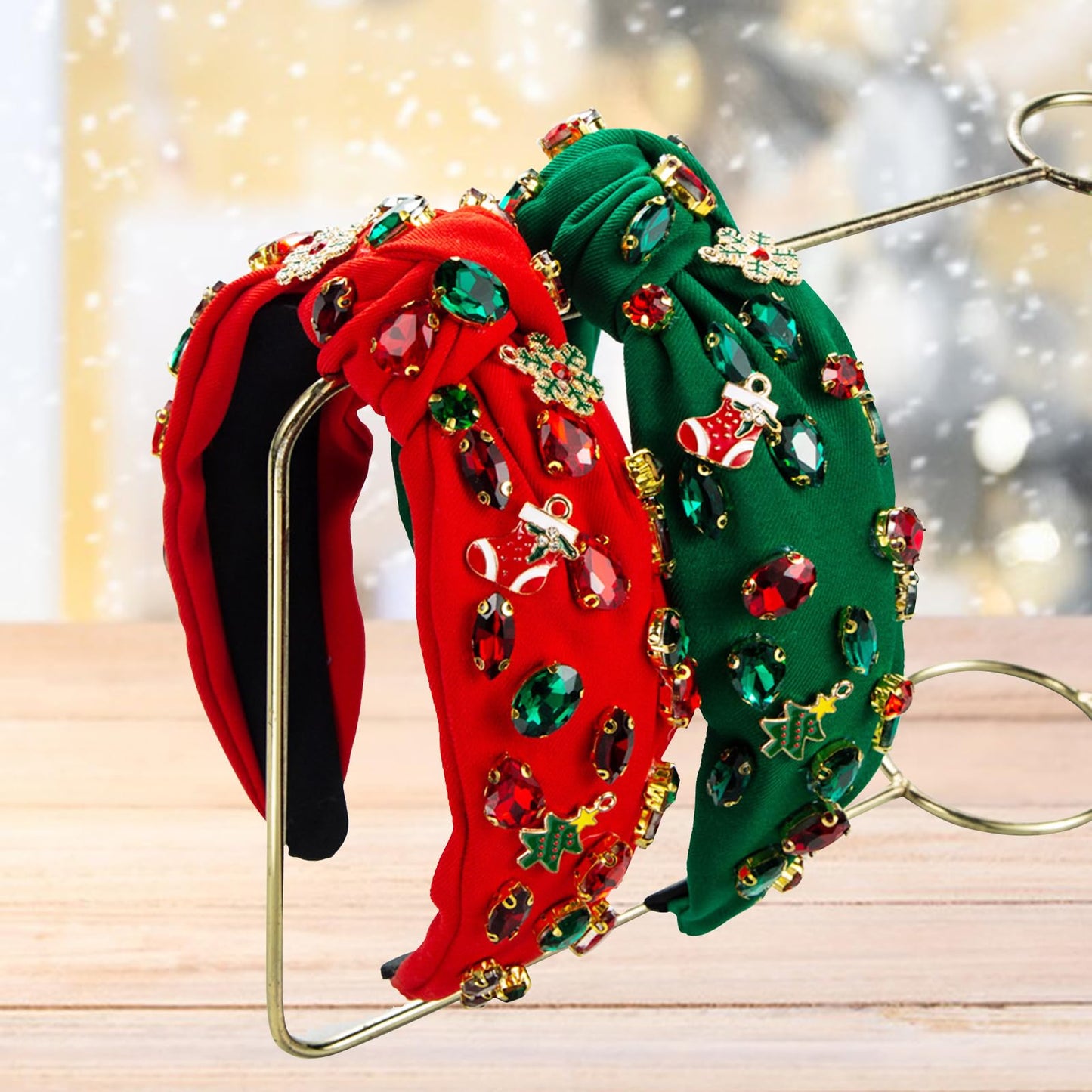 Christmas Rhinestone Headband Crystal Knotted Beaded Jeweled Headbands for Women Girls Xmas Tree Socks Top Hairband Wide Hair Band Christmas Costume Hair Accessories