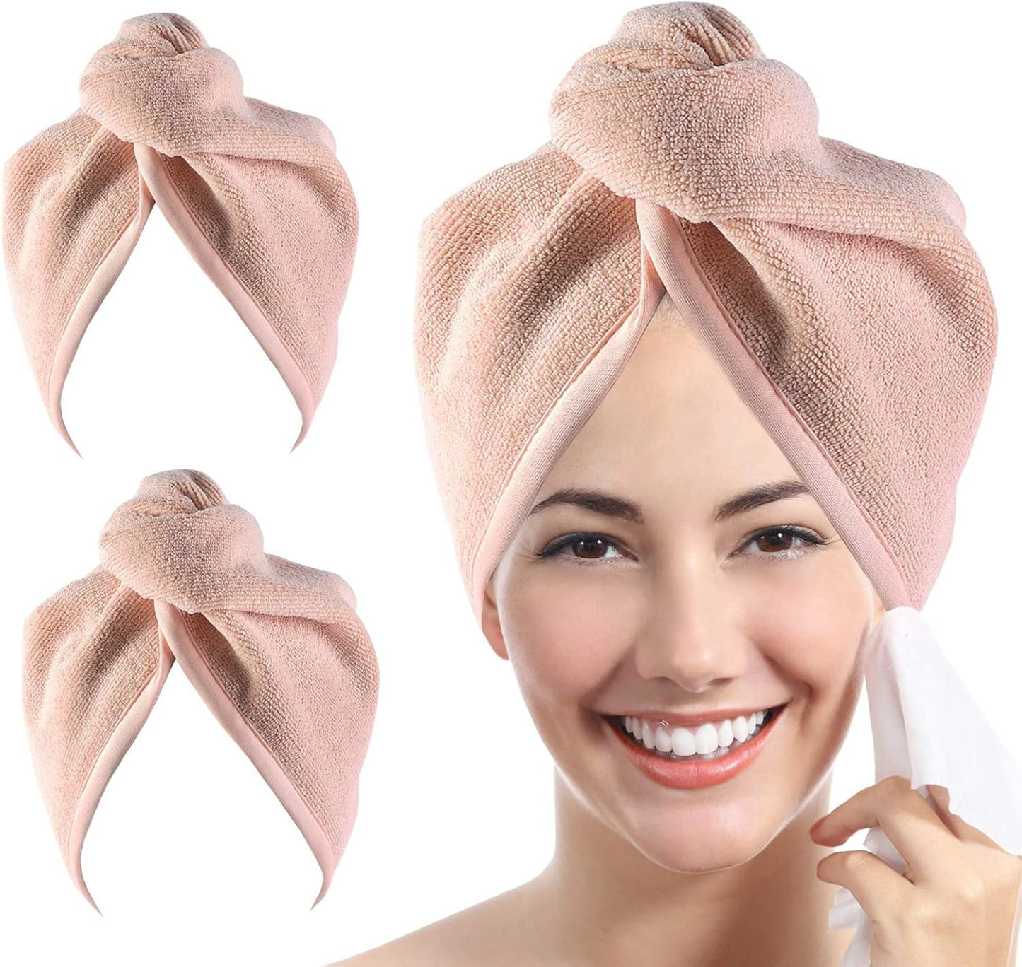 YoulerTex Microfiber Hair Towel Wraps - 2 Pack Absorbent Turban for Curly Hair Care (Beige)