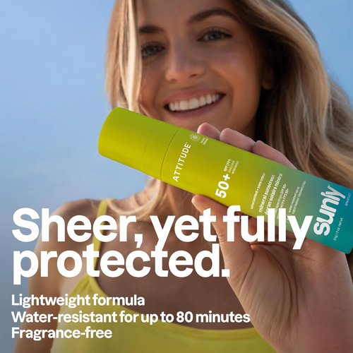 ATTITUDE Mineral Sunscreen Lotion SPF 50, Broad Spectrum Zinc Oxide, EWG Verified, Non-Nano, Water-Resistant 80 Minutes, Lightweight & Lightweight Non-Greasy for Face & Body, Vegan, Unscented, 3 Oz