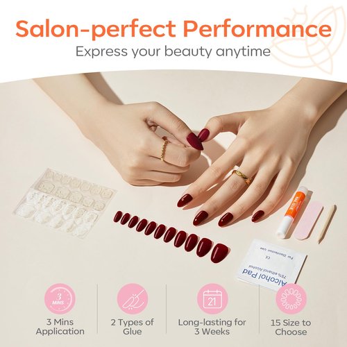 Modelones Christmas Press-On Nails - Red Short Almond Fake Nails | Reusable Kit with Glue & 30 Pcs in 15 Sizes