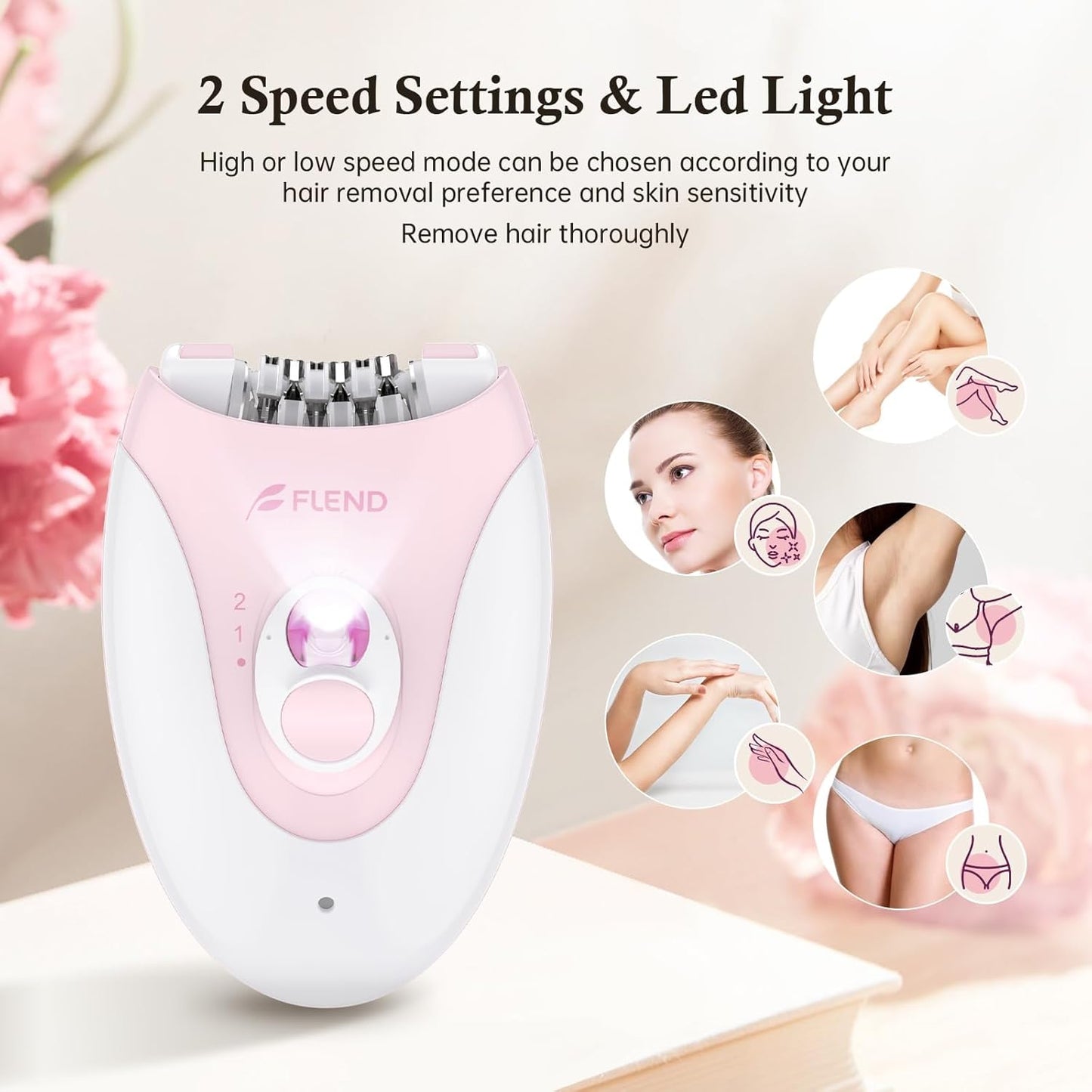 Skiennix Epilator - 2-Speed Hair Removal Device with Massage Pad | Rechargeable LED for Face, Bikini, Arms, Legs