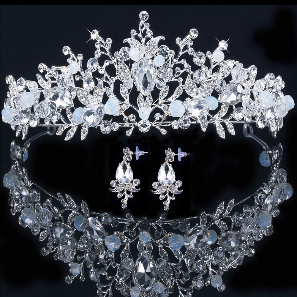 mesfugw White Tiaras and Crowns for women, Pageant Crowns for Women and Girls Crown with Earring Princess Crown Pageant Tiara Princess Tiara and Crown for Women Girls