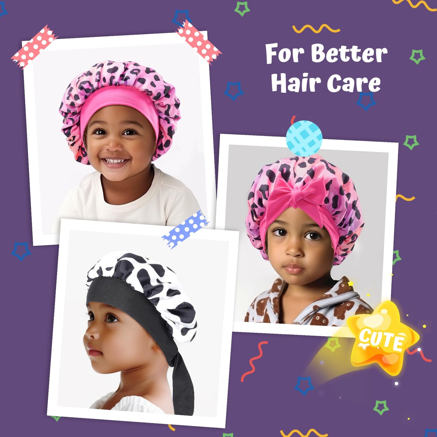 Lolalet 2 PCS Kids Bonnets for Girls, Reversible Silk Bonnet for Sleeping Satin Bonnet Cap with Wide Elastic Band -Cow & Leopard