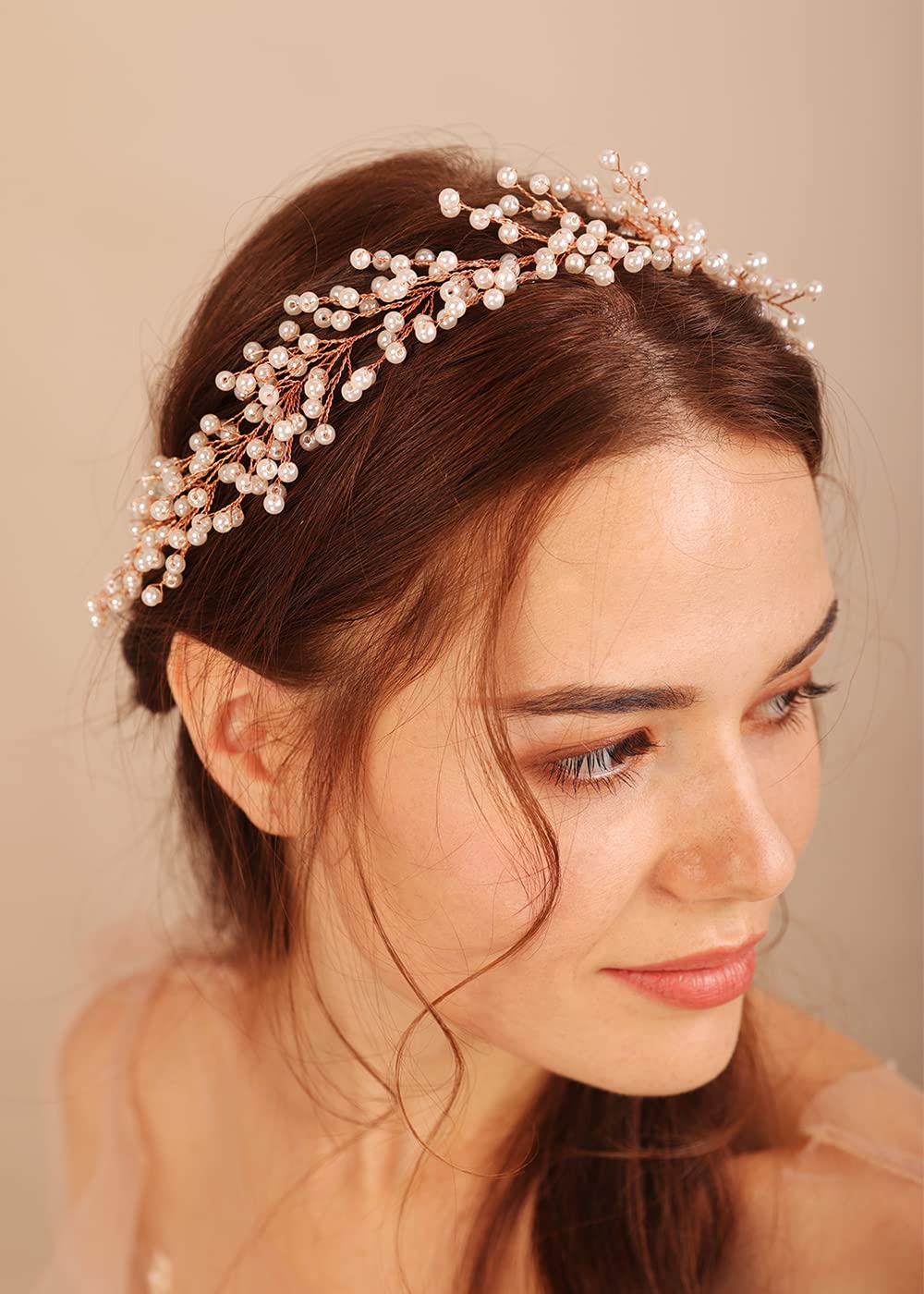 Kercisbeauty Pearl Headpiece for Wedding Brides Women Boho Hair Vine Princess Hair Tiara Jewelry for Special Occasion Bridal Shower Headband (Rose Gold)