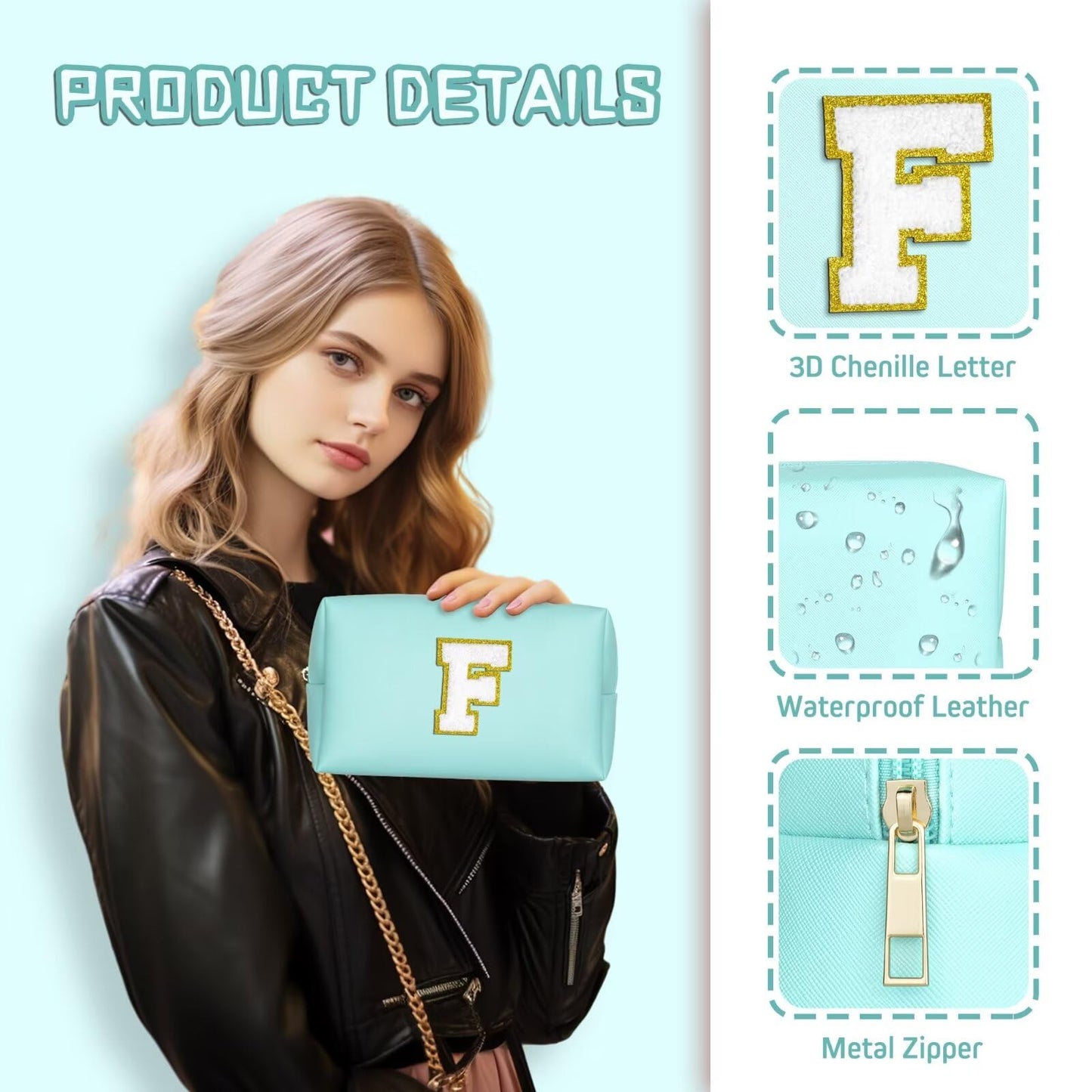 TOPEAST Preppy Makeup Bag, Personalized Initial Bags with Zipper, Cute Makeup Pouch, PU Leather Waterproof Cosmetic Bag, Birthday Gift for Daughter, Preppy Things for Girls (Blue A)