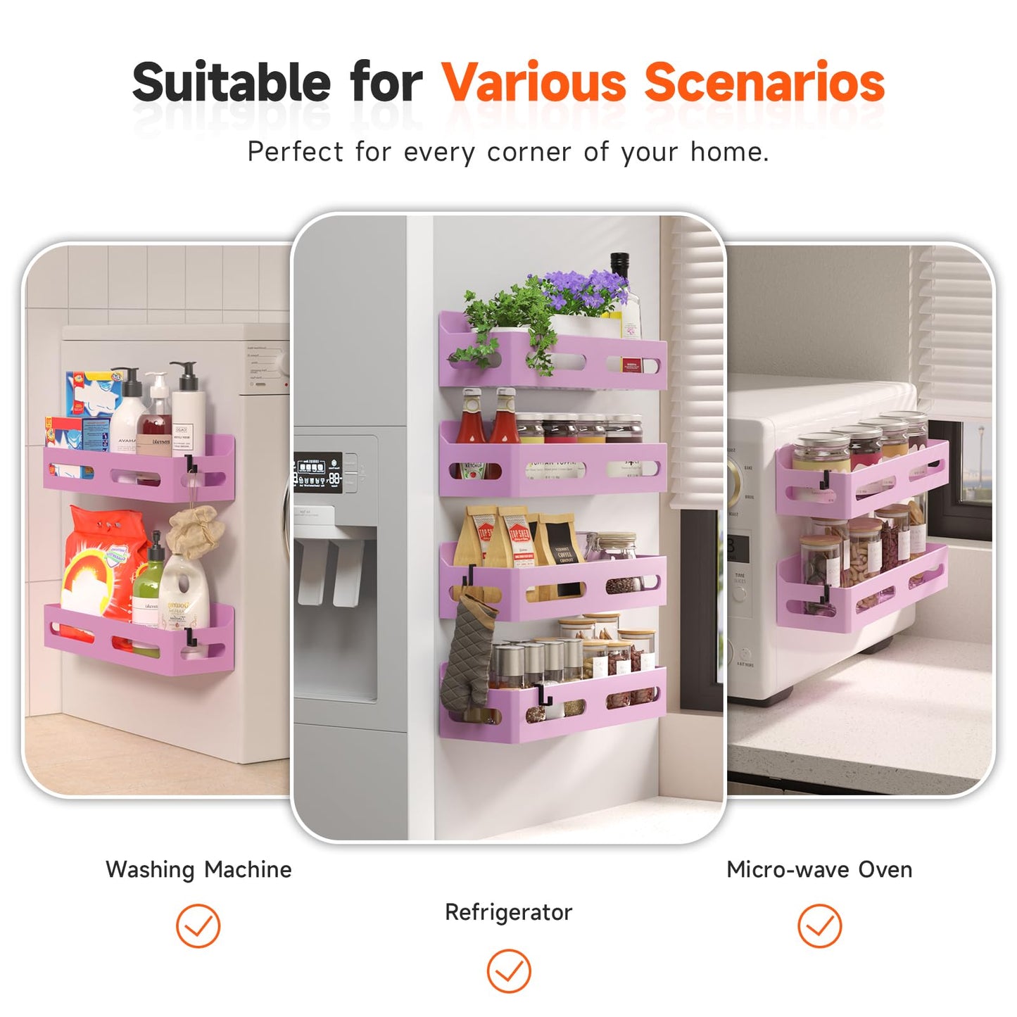 4 Pack Strong Magnetic Spice Rack for Refrigerator, Multipurpose Magnetic Shelf for Fridge with 4 Hooks for kitchen and Bathroom Organization, Black