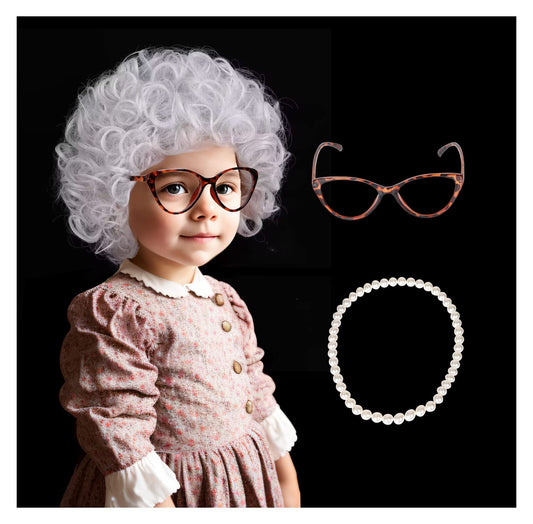 White Curly Old Lady Costume Wig with Granny Glasses and Pearl Necklace for Halloween Party