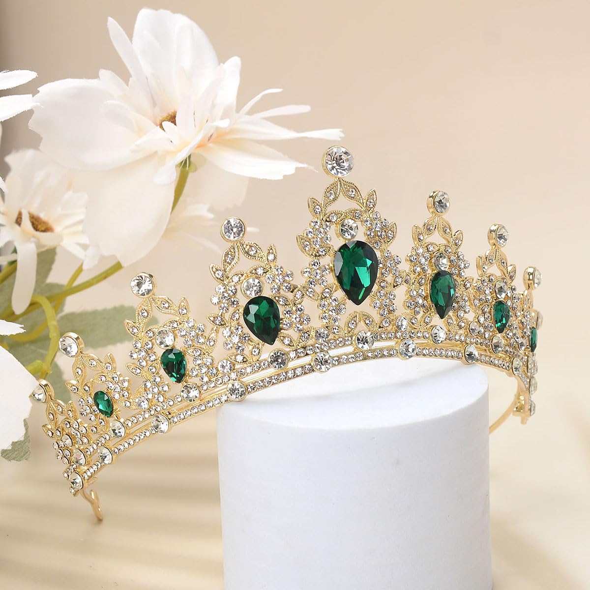 S SNUOY Crystal Tiaras for Women Green Queen Crowns Royal Gold Princess Crown for Party Halloween Costume Prom Birthday Wedding Headband