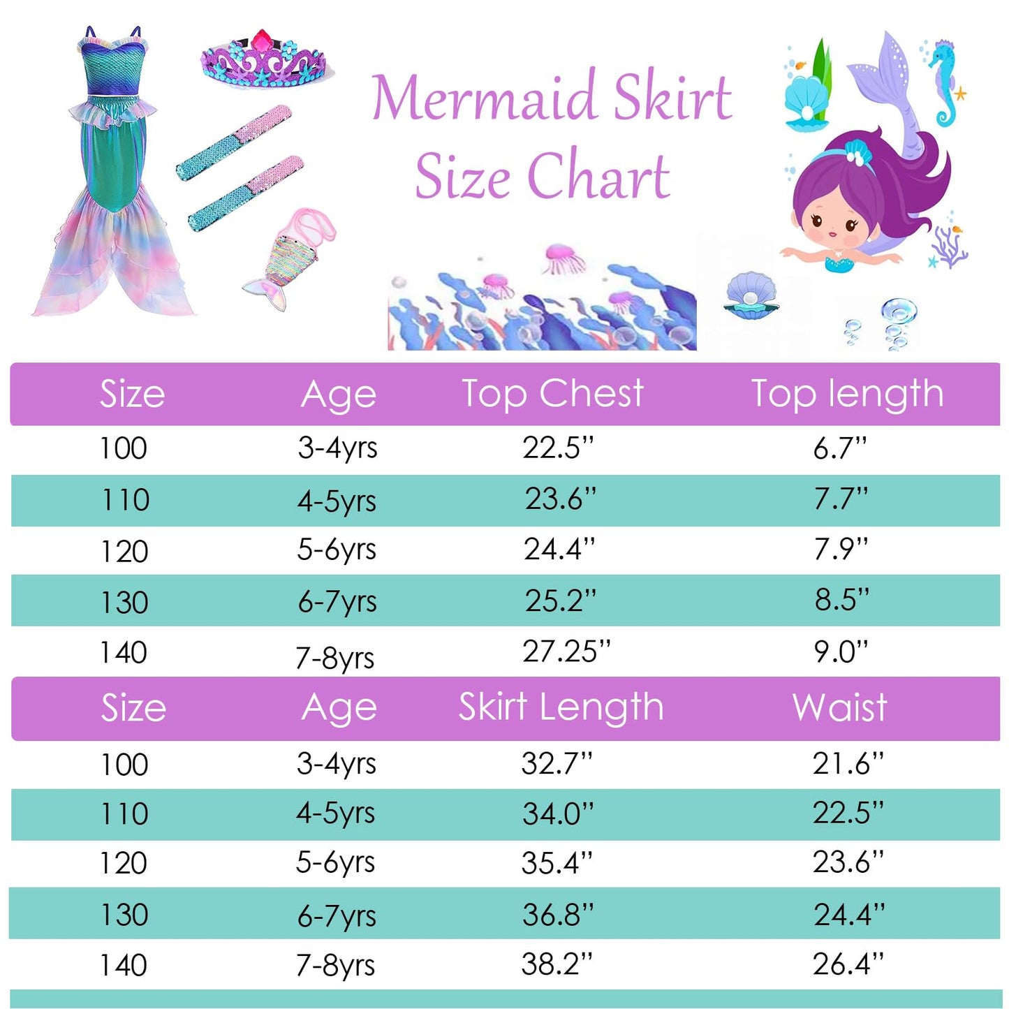 Vegove Girl's Little Mermaid Outfits 2 Pieces Suspender Skirts, Mermaid Crown Sequin Slap Bracelets & Pouch Halloween Costume (Purple, 4-5 Years Old)