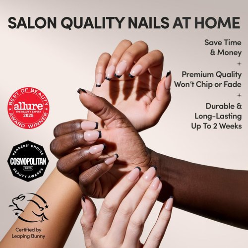 Glamnetic Press On Nails - Balsamic Glaze | Medium Coffin Black French Tip Fake Nails, Salon Quality French Manicure | 15 Sizes - 30 Nail Kit with Glue