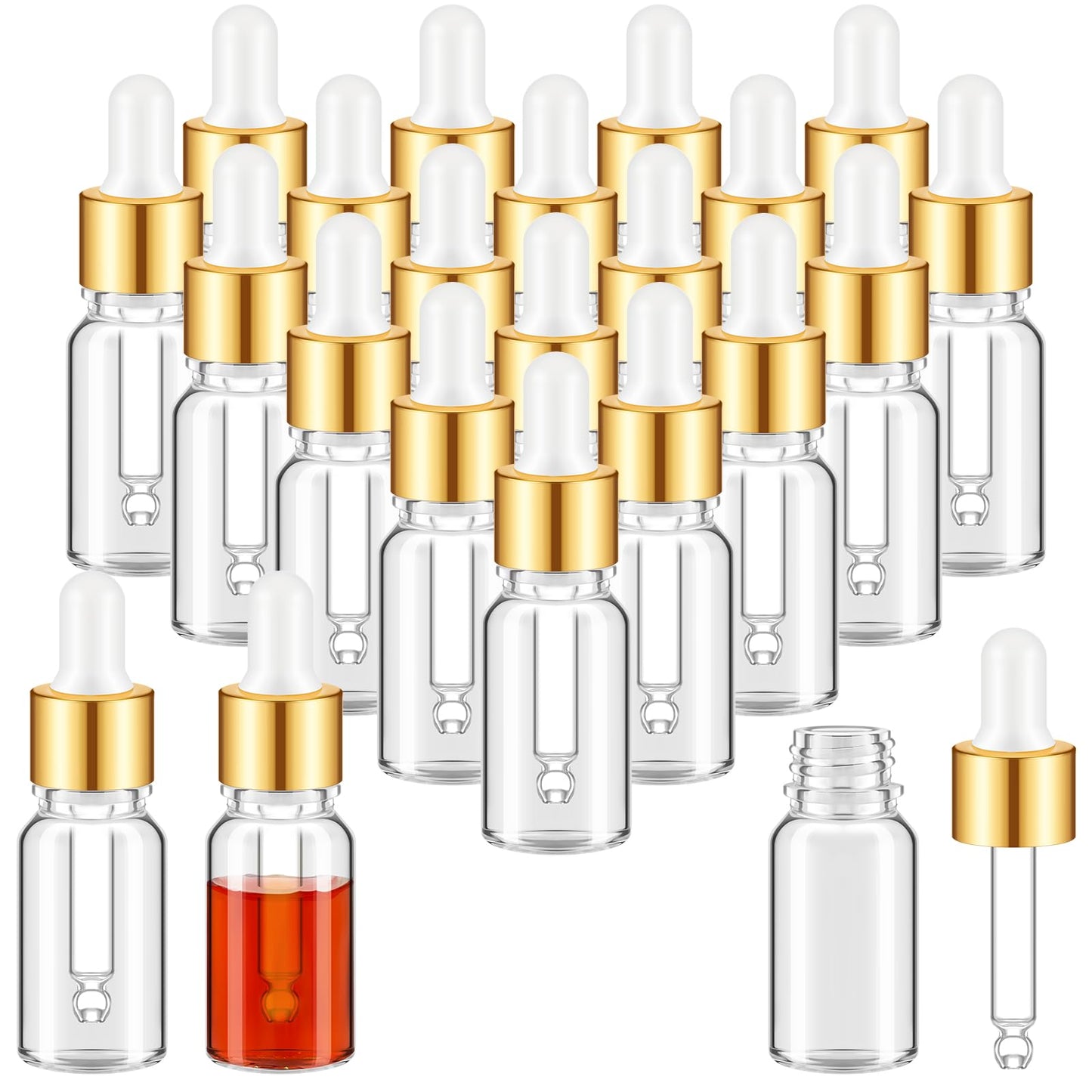 Didaey 100 Pcs Mini Glass Oil Dropper Bottle Bulk, 10 ml Gold Clear Essential Small Empty Bottles Sample Containers Perfume Liquid Vials with Cap for Traveling