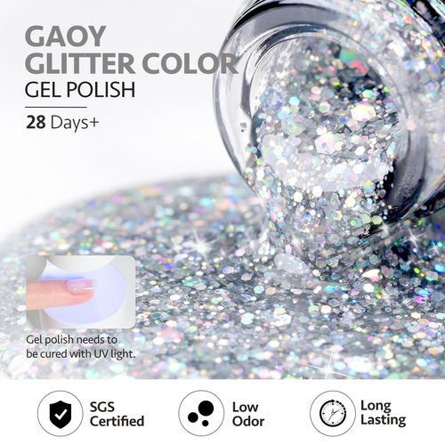 GAOY Glitter Gel Nail Polish, 16ml Silver Sparkly Gel Polish, Diamond Shiny Glitter Soak Off UV Light Cure for Nail Art, 1350 Milky Way