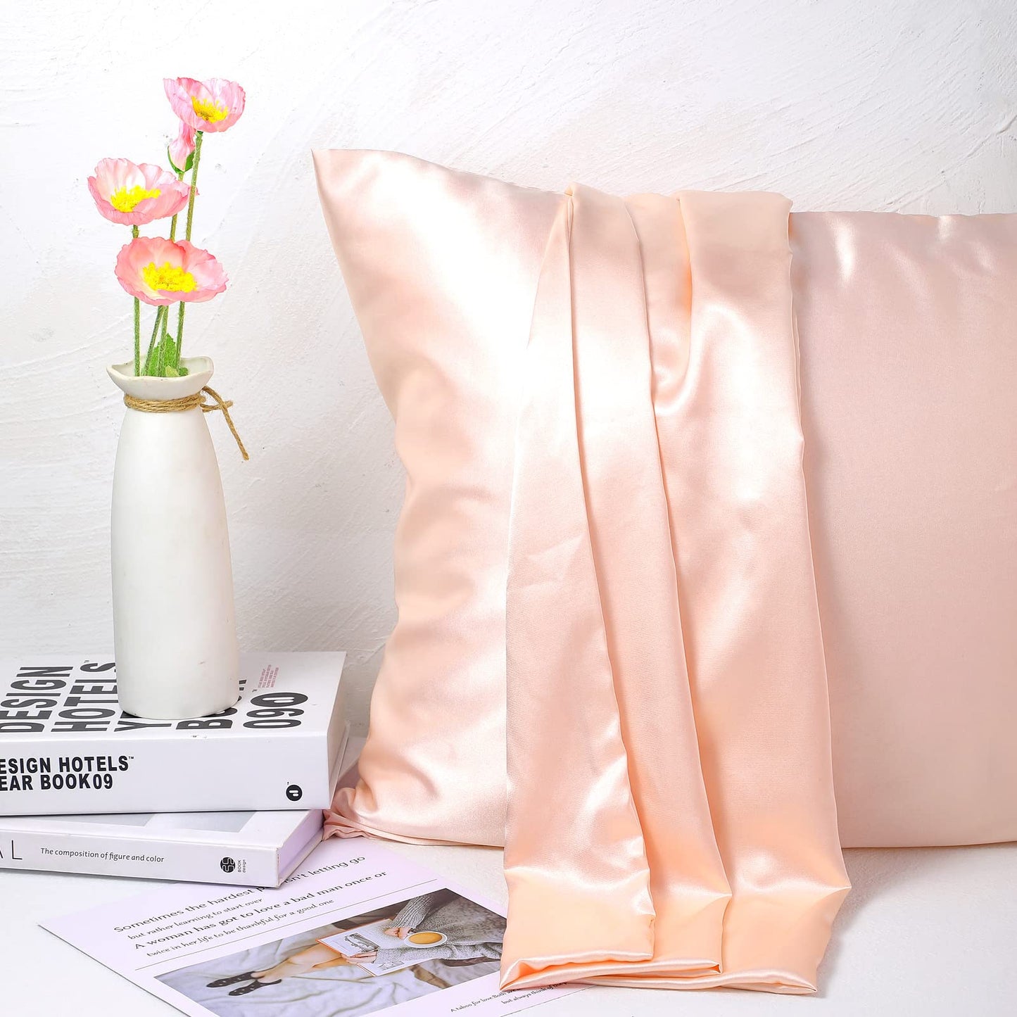 6 Pieces Silk Cap Silk Pillowcase Set, Silk Sleeping Bonnet Silk Hair Wrap Silk Pillow Cases Silk Hair Scrunchies Silk Hair Ties Elastic Silk Ponytail Holders for Women Girls (Rose Gold, Pink)