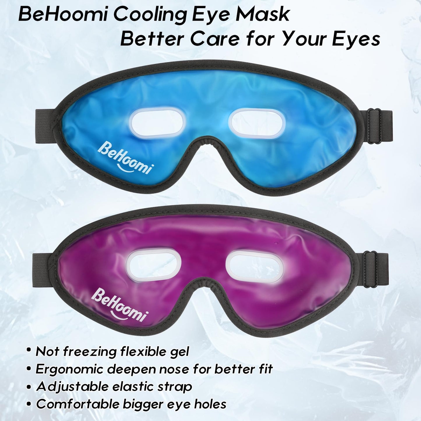 BeHoomi Cooling Eye Mask, Gel Eye Mask Cold Compress for Eyes, Reusable Eye Ice Pack, Cool Relaxation, Comfort Snug Fit, No Freeze, Eye Cover Ice Mask for Home, Office, 2PCS, Blue & Purple