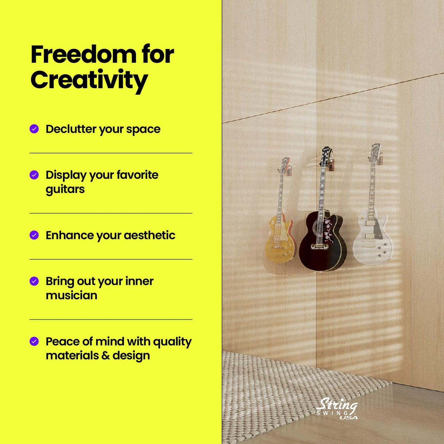 String Swing CC01K-BW Guitar Hanger and Guitar Wall Mount Bracket Holder for Acoustic and Electric Guitars Black Walnut