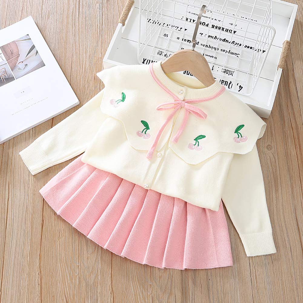 Toddler Baby Girls Autumn Winter Clothes Knit Button up Long Sleeve Ruffle Bowknot Sweater Cardigan Tops+Pleated Mini Tutu Skirt 2pcs Outfit Princess Dress up Costume for Kids Pink-Cherry 4-5 Years