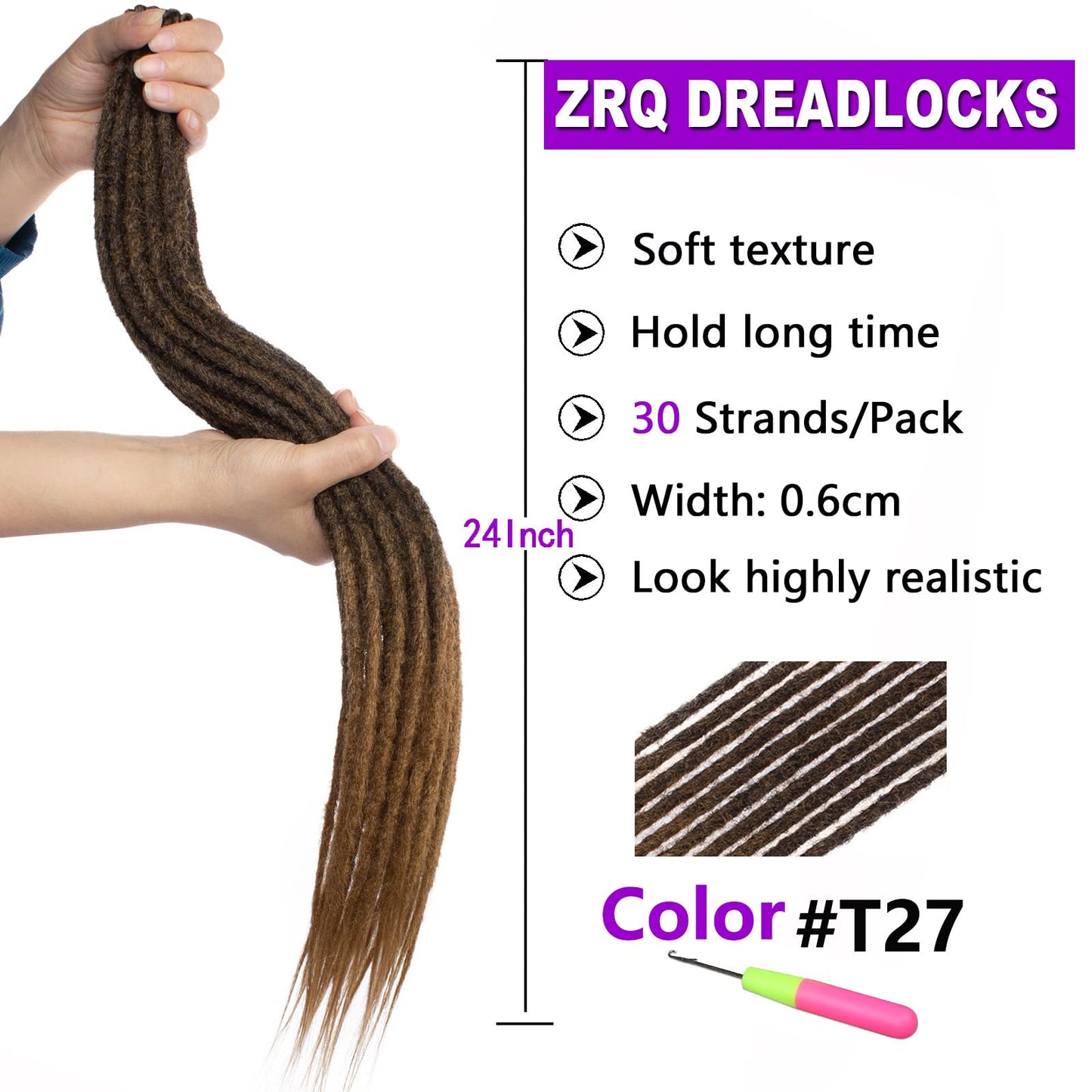 ZRQ 30 Strands 24" Synthetic Dreadlock Extenisons Ombre Blonde Boho Locs Synthetic Dreads,27613 Dreadlocks Goddess Locs Crochet Braids Fake Dreads Hair Extensions 27613#