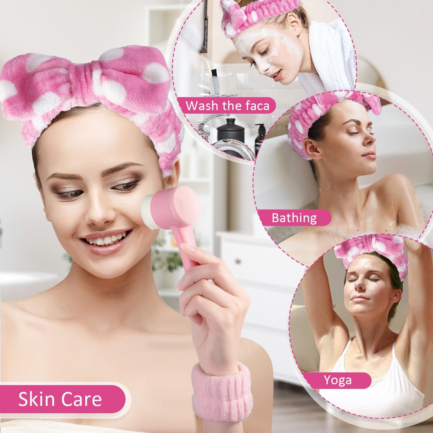 Beomeen Facial Cleansing Brush 2 in 1, Silicone Face Scrubber Dual Face Brush for Deep Pore Cleansing and Exfoliating, Skincare Headband and Wristbands Set for Washing Face, Massaging Spa Makeup, Pink