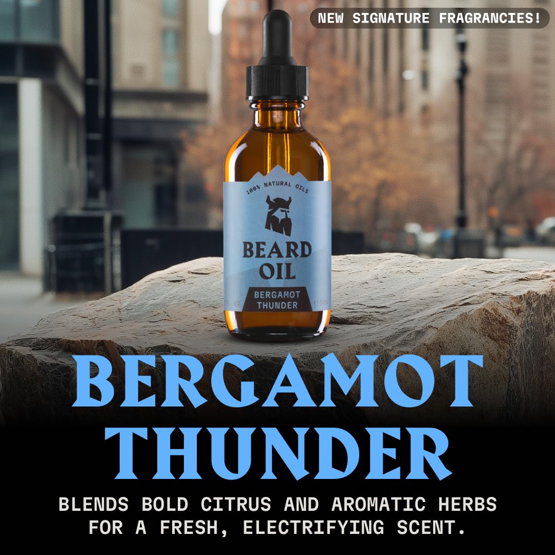 Striking Viking Beard Oil - Natural Conditioner with Almond, Tea Tree, Argan & Jojoba for Growth & Softening | 2 Fl Oz, Bergamot Thunder