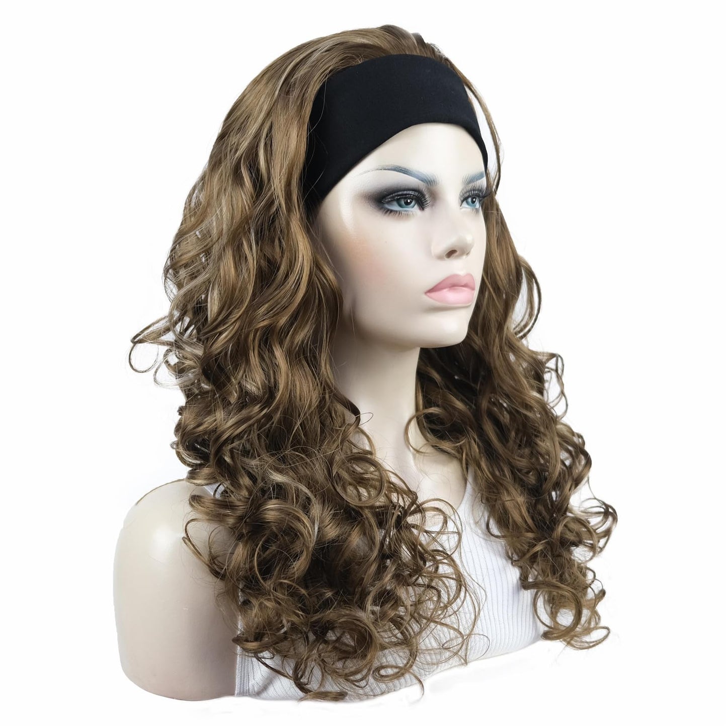 Aimole Long 22" Curly 3/4 Women Wigs With Headband Soft Layered Wig Heat Resisting Fiber Synthetic Hair (12TT26 light Brown with Highlights)