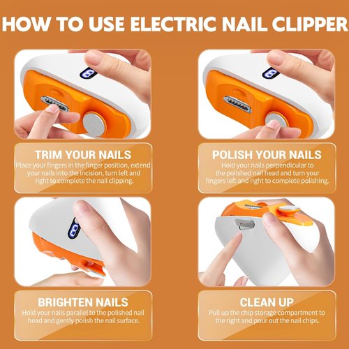 JUNZUP Electric Nail Clipper, 2-in-1 Automatic Nail Trimmer with LED Light, 3 Speeds Electric Toenail Clipper, Electric Nail Clippers for Seniors, Baby, Adults & Kids, Dark Orange