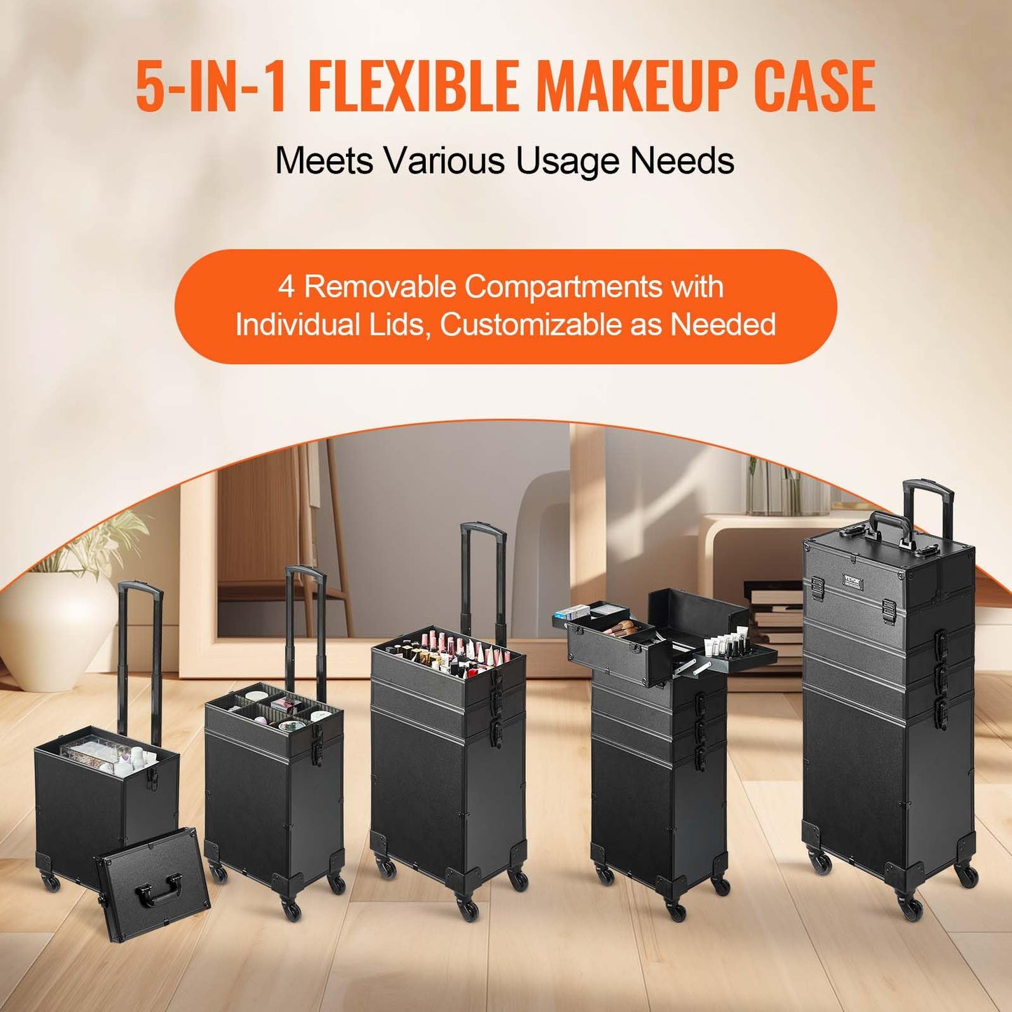 VEVOR 5 in 1 Profession Makeup Train Case Cosmetic Case 5-in-1