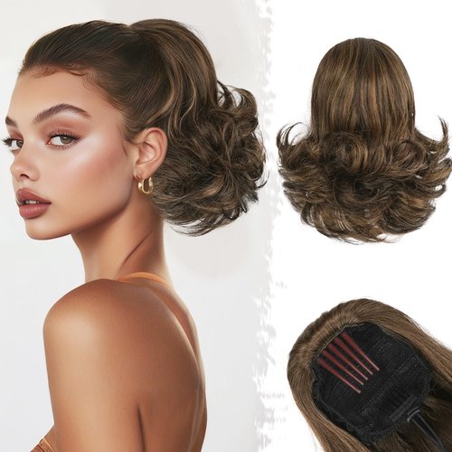 BARSDAR Drawstring Comb Clip Ponytail Extension - 10 Inch Short Clip in Hairpieces for Women - Synthetic Highlight Ponytail Extension Fake Pony Tails - Dark Brown with Highlights