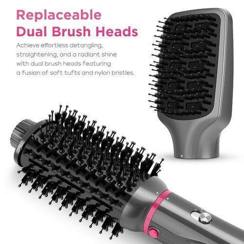 IG INGLAM 4 in 1 Hot Air Brush, Negative Ion Detachable Hair Styler & Volumizer with 2 Brush Heads, Updated Push Switch, Gray