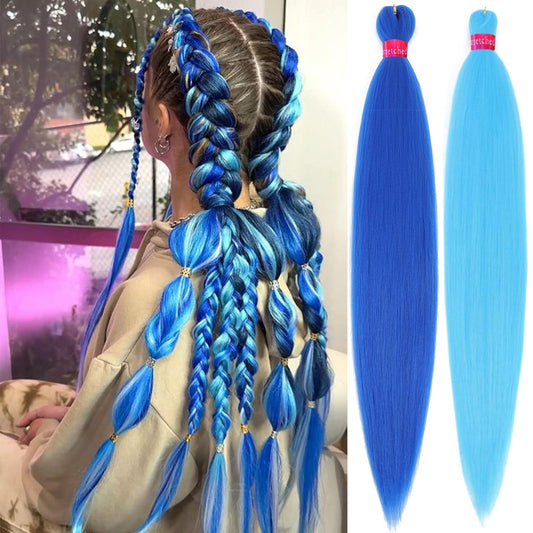 Blue+Light Blue Pre Stretched Braiding Hair 30 Inch Box Braids 2 Packs Synthetic Crochet Braid Neat Yaki Texture Hot Water Setting Hair Extensions