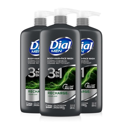 Dial Men 3-in-1 Body, Hair & Face Wash - Recharge Formula | 69 Fl Oz (3 x 23 Fl Oz Bottles)