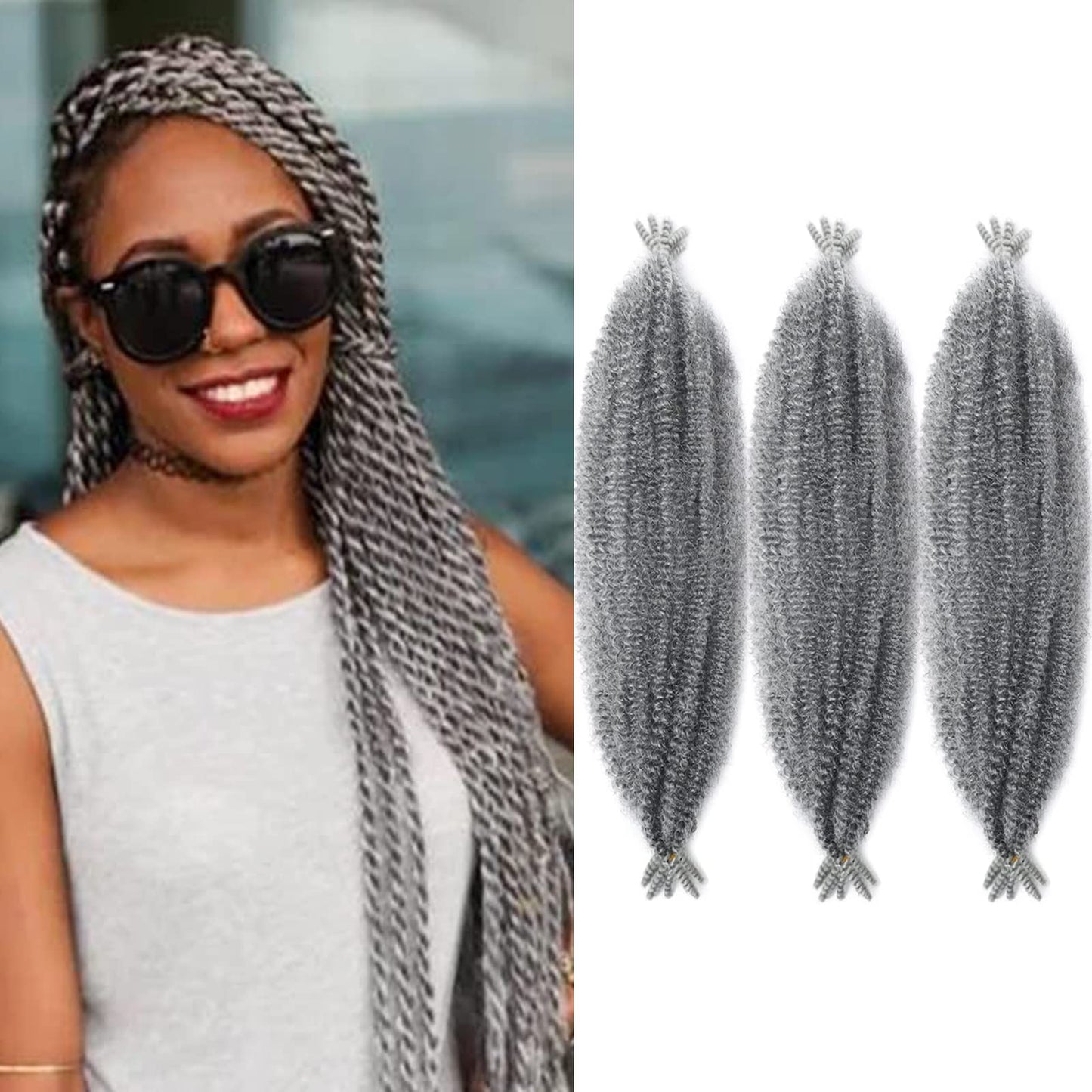 VCEOW 24 inch Grey Springy Afro Twist Hair 3 packs Pre-Separated Kinky Marley Twist Braiding Hair Soft Pre-fluffed Synthetic Crochet Hair Extensions for Butterfly Locs Spring Twist Passion Twists