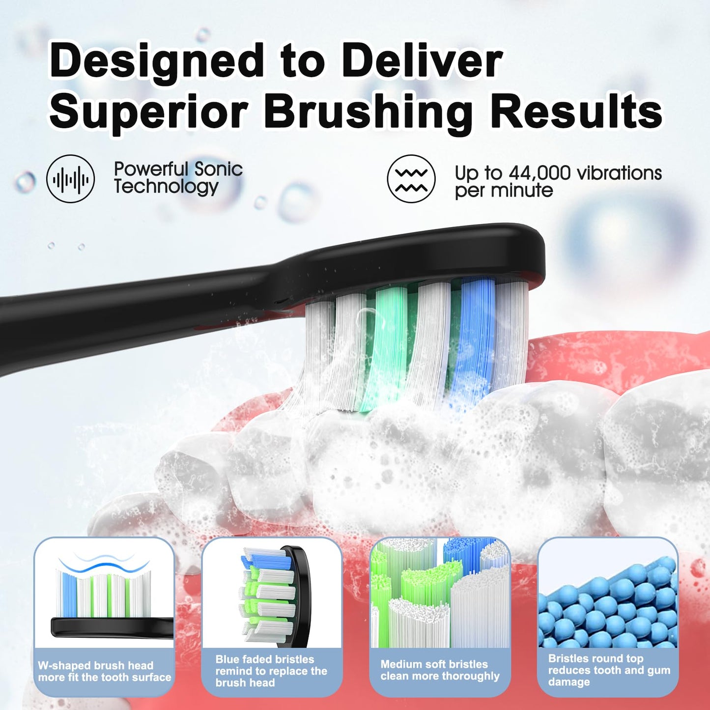 YUNCHI Sonic Electric Toothbrush for Adults, Toothbrush Electric with 8 Brush Heads, Battery Toothbrush for 55 Days, 5 Models & 2 Minutes Smart Timer, Travel Case, 44000 VPM Motor, Black