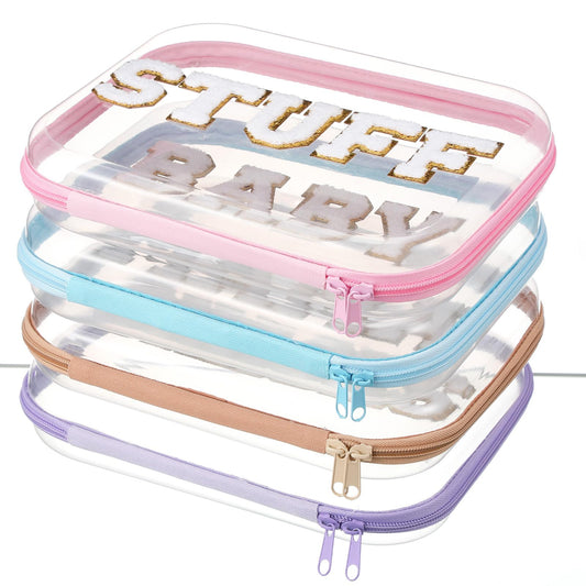 Thinkday 4 Pcs 9.8'' Large Clear Hard Shell Zipper Case, MAMA Hard Plastic Zipper Pouch, Toiletry Bag for Travel, Clear Diaper Bag, Toiletry Pouch, Travel Organizer, Cosmetic Bags, Toy Storage Bins