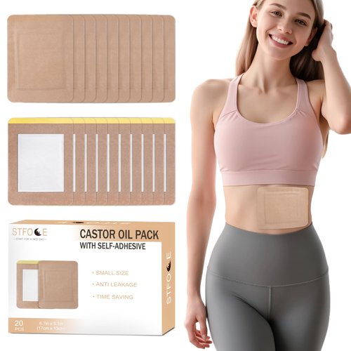 STFOCE 20pcs Castor Oil Pack Wrap, Portable Self-Adhesive, Disposable Castor Oil Pack Organic Cotton for Stomach, Liver, Belly & Entire Body, No Leaks, No Irritation, Stick Overnight (Kahaki)