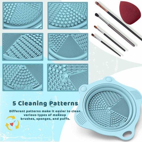 2PC Foldable Silicone Makeup Brush Cleaner Pad Bowls, YalsFTY Portable Mat Scrubber Cleaning Tool for Makeup Brushes (Khaki and Blue)