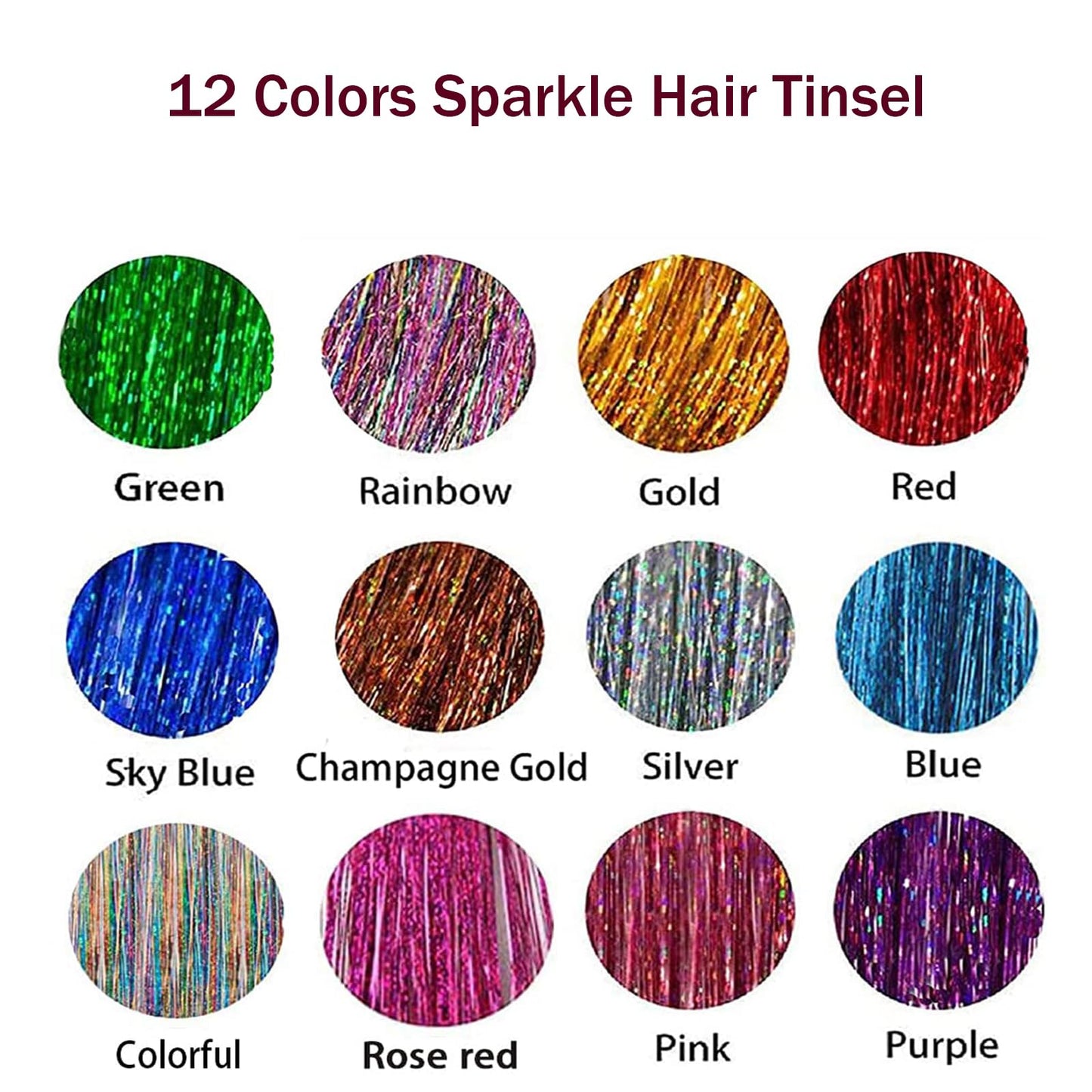 Hair Tinsel Kit,Fairy Tinsel Hair Extensions with Tool 12 Colors 48In 2400 Strands Hair Tinsel Heat Resistant,Glitter Hair Extensions for Women,Hair Accessories for Halloween Christmas Cosplay Party