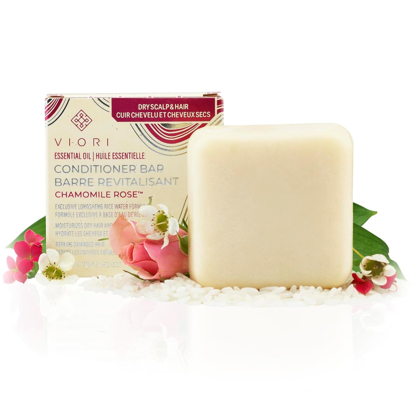 Viori Chamomile Rose Conditioner Bar - All-Natural Organic Formula with Rice Water for Healthy Hair