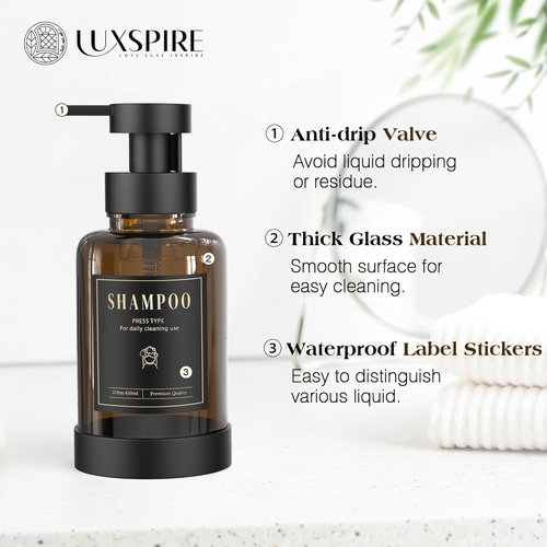 Luxspire Foaming Soap Dispenser - 15 Oz Glass Pump Bottle with 5 Waterproof Labels | Amber, 2 Pack for Kitchen & Bathroom
