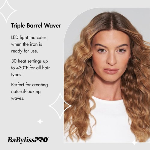 BabylissPRO Triple Barrel Waver - Porcelain Ceramic Styling Tool for Effortless Waves | Black