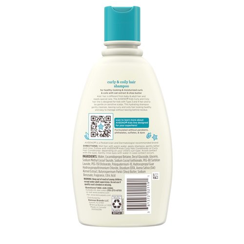 Aveeno Kids Curly & Coily Hair Shampoo, Hydrating Shampoo for Type 3 & 4 Hair, Kids Curly Hair Products suitable for Sensitive Scalps with Oat Extract & Shea Butter, Paraben-Free, 12 fl. oz