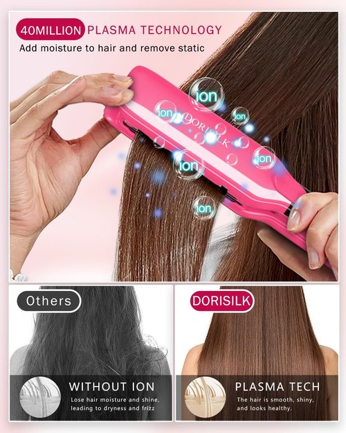 DORISILK 2-in-1 Hair Straightener & Curler - 1.75 Inch Ceramic Flat Iron for Frizz-Free Shine | Hot Pink