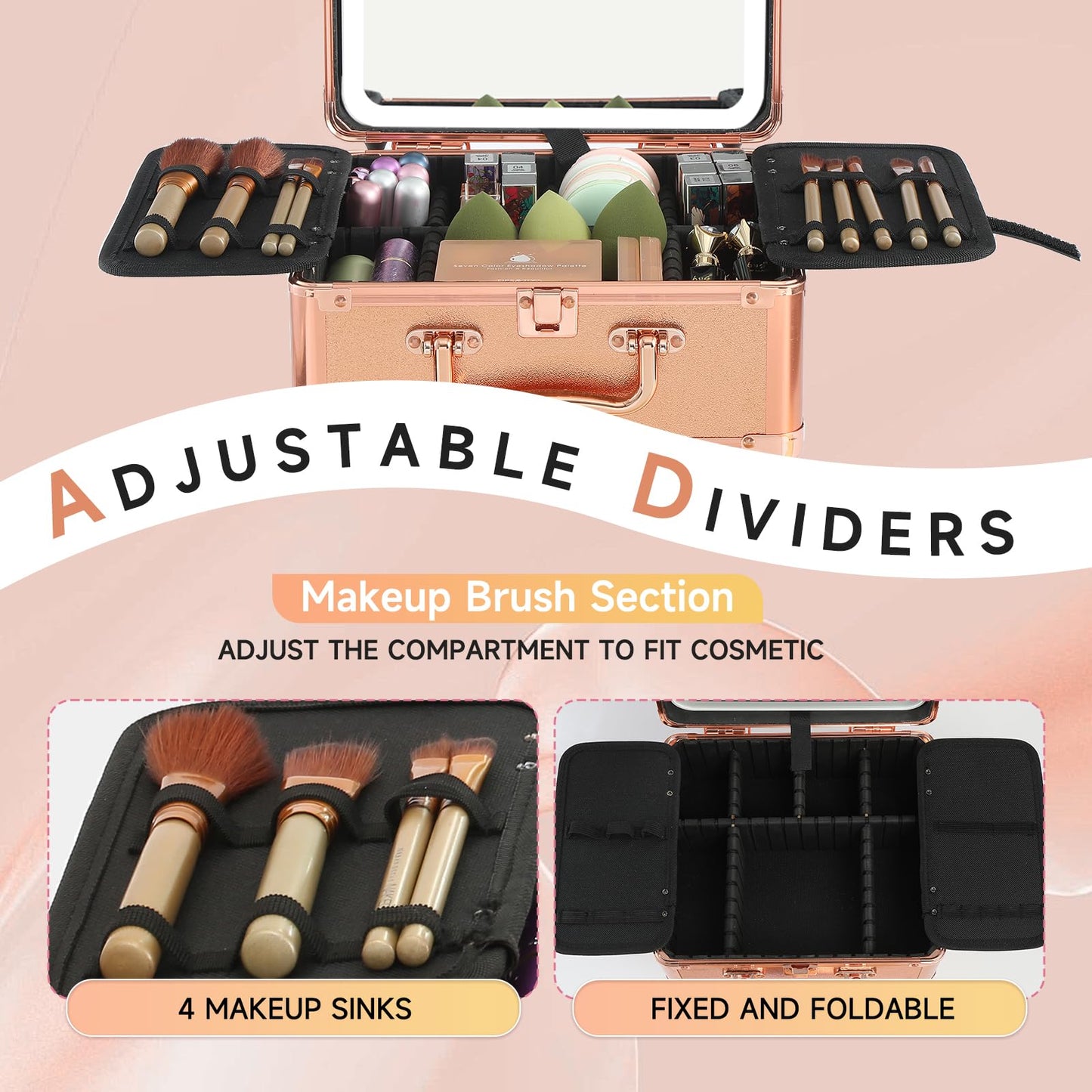 Leeora&Leekoo Makeup Box with LED Mirror & Aluminum Frame, Compact Multi-Layer Cosmetic Organizer - Portable ABS Travel Train Case for Makeup Storage(Gift for Girlfriend/Daughter) (Gold)