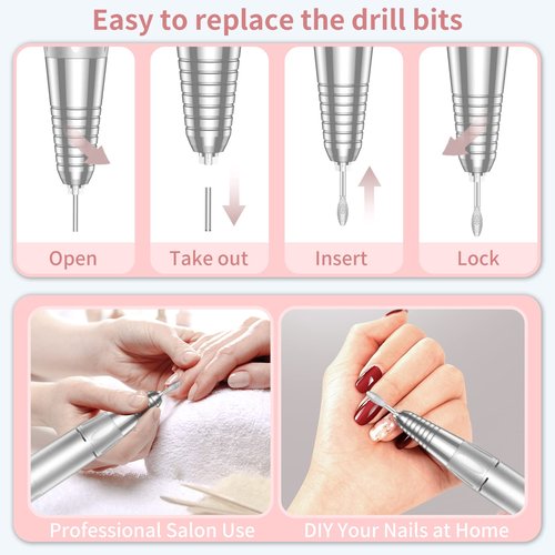 MOCOWIND Portable Nail Drill Professional 35000 RPM, Rechargeable Electric Nail File Machine Cordless E-File for Acrylic Gel Polishing Removing with Bits Kit for Manicure Salon Home, Pink