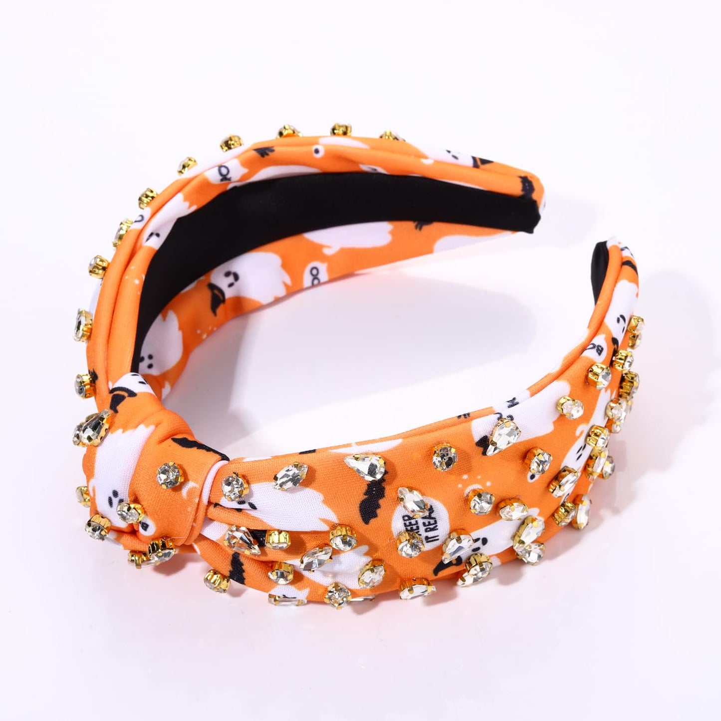 Halloween Crystal Knotted Headband for Women Rhinestone Jeweled Embellished Spooky Ghost Print Wide Top Knot Hairband Halloween Costume Party Hair Accessory (Orange Ghost)