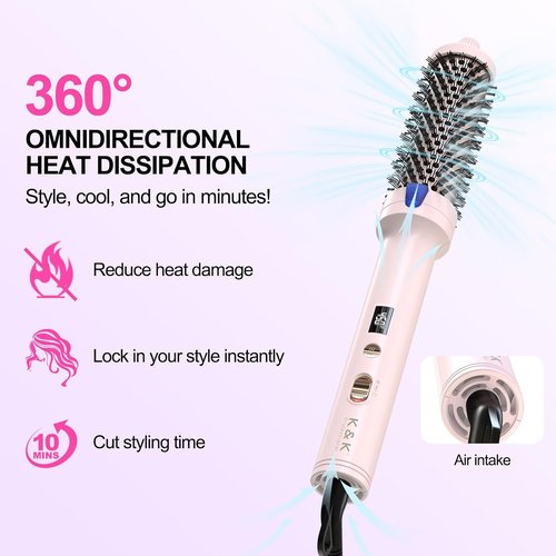 K&K Cool-AIR TECH Hair Styling Tool - Heated Round Brush with Negative Ion Technology | Pink, 1.7 Inch