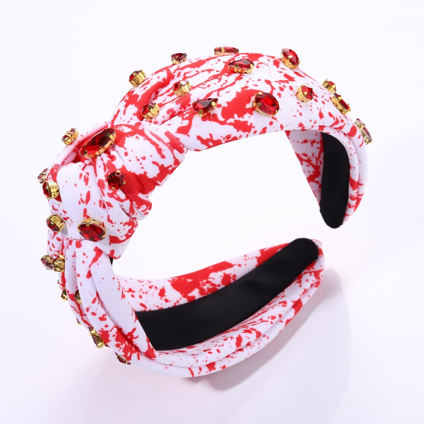 Halloween Crystal Knotted Headband for Women Rhinestone Jeweled Embellished Blood Splatter Print Wide Top Knot Hairband Halloween Costume Party Hair Accessory