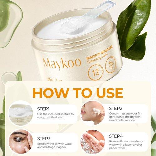 MAYKOO Makeup Remover Balm Hydrating Deep Cleansing Balm, Dissolves Heavy Waterproof Make Up, Gentle Oil Based cleanser for Face with Spatula, Makeup Removing for All Skin Types, 85 g/3 oz