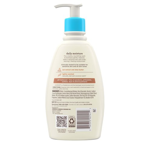 Aveeno Baby Daily Moisturizing 2-in-1 Wash & Shampoo, Baby Body Wash & Shampoo with Shea Butter & Oat Extract Gently Cleanses Baby's Sensitive Skin & Scalp, Gentle Coconut Scent, 12 fl. oz