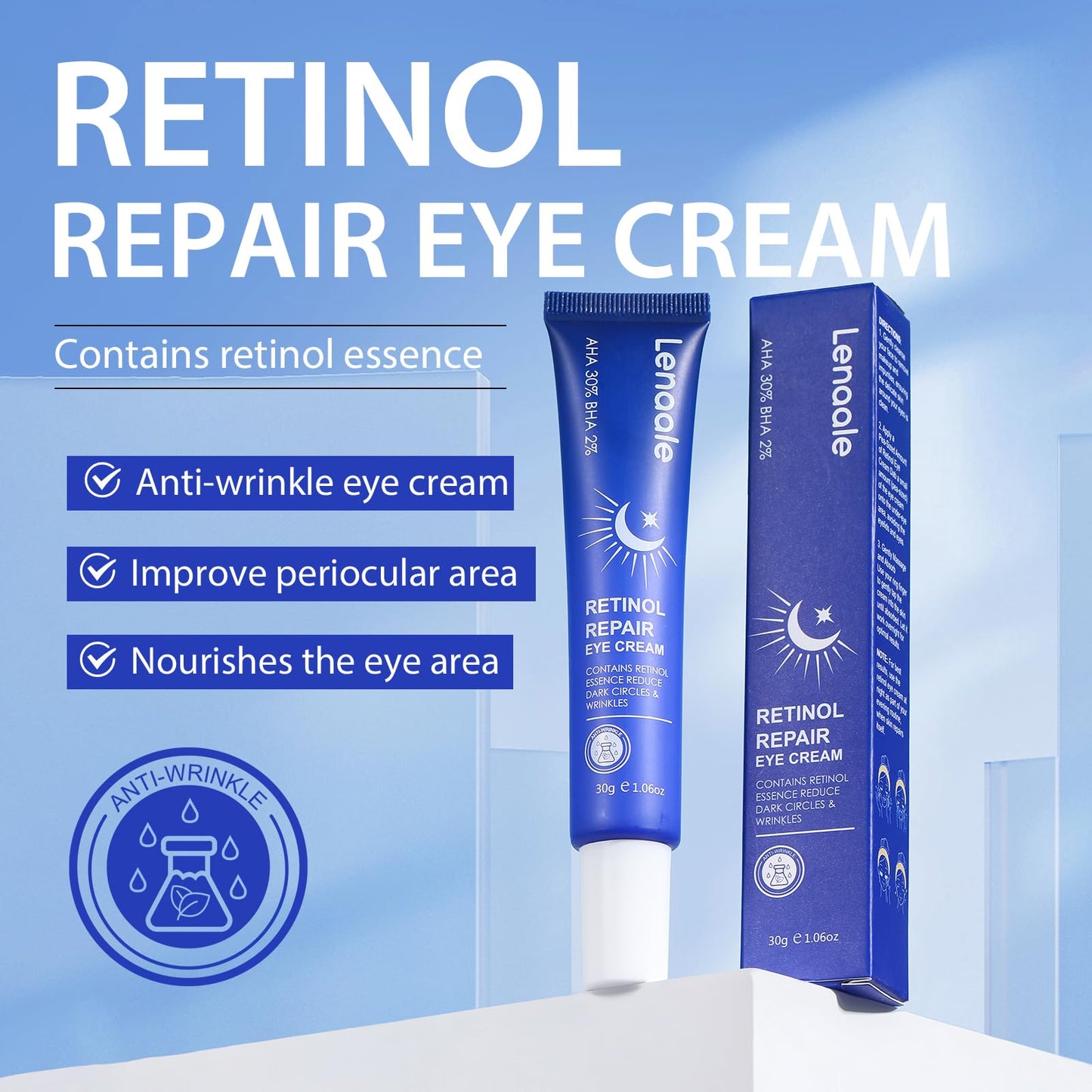 Retinol Eye Cream, Hydrating Under Eye Care Daily Wrinkle Cream, Infused with AHA30% to Smooth and Hydrate Skin, Eye Crea for Dark Circles Treatments, Reduce Under Eye Bags, Smooth Wrinkles（1.06 Oz）